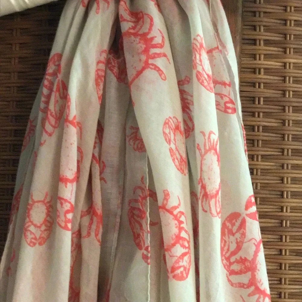 Lightweight Cream Scarf with Coral Crab Print